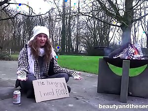 Homeless Girl Begging for Old Cock