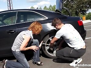Horny old bitch Amanda stalled car premise fuck on GrandMams.com