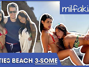 Rosa & Sofia enjoying dick & pussy at the beach! Milfakia.com