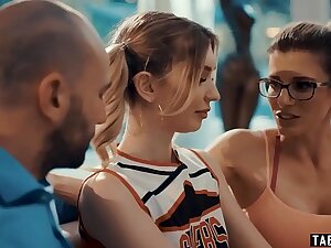 Curtailed wife brings in tiny teen cheerleader for husband