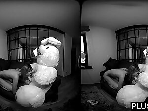 3D VR porn video, Lucy K sucking and jerking off teddy bear and receiving cum on tits
